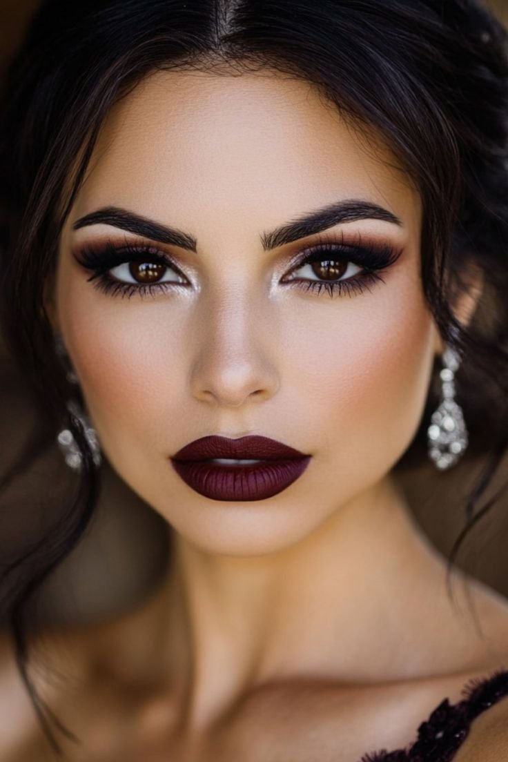Assortment of makeup products for dark romantic look: eyeshadow palette, lipstick, liner