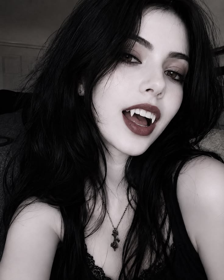 A woman in a black gothic dress with lace details, embodying the Carmilla aesthetic outfit.