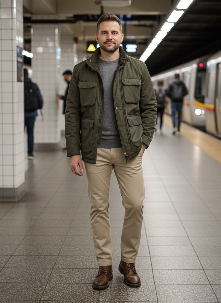 Vintage field jacket outfit men with a military-inspired aesthetic, showcasing timeless rugged charm.