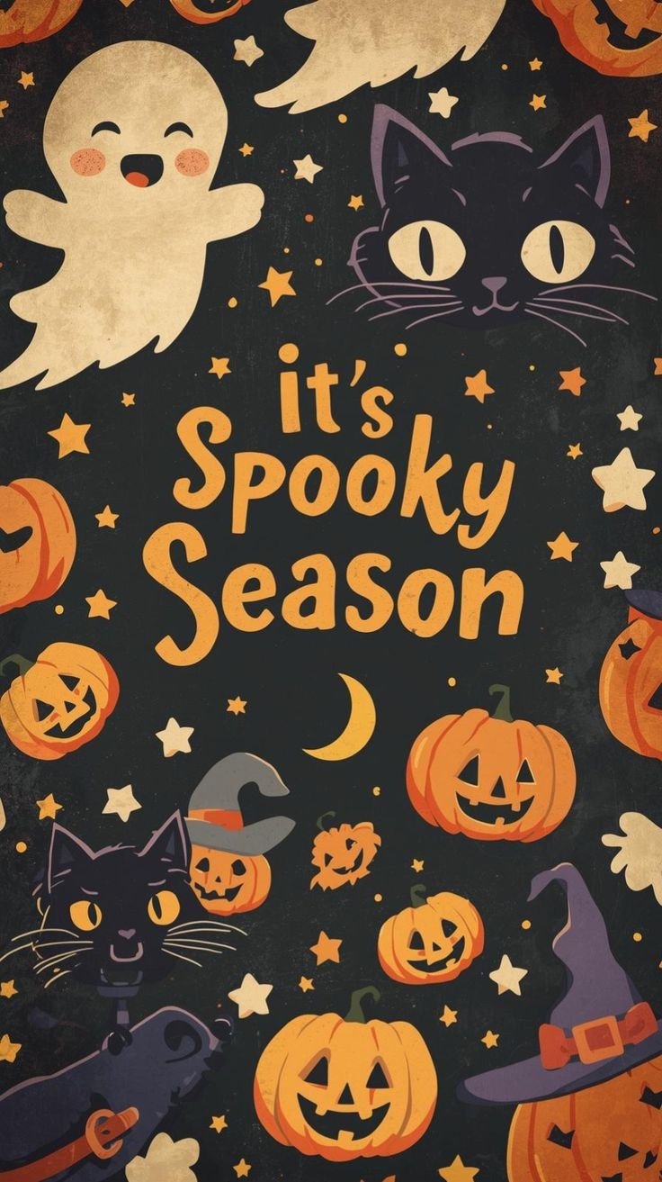 Black cat Halloween wallpaper with arched back and glowing amber eyes