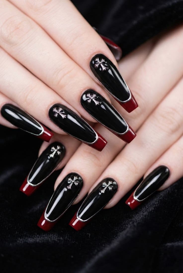 Artistic gothic coffin nails featuring intricate hand-painted designs, gems, and metallic elements.