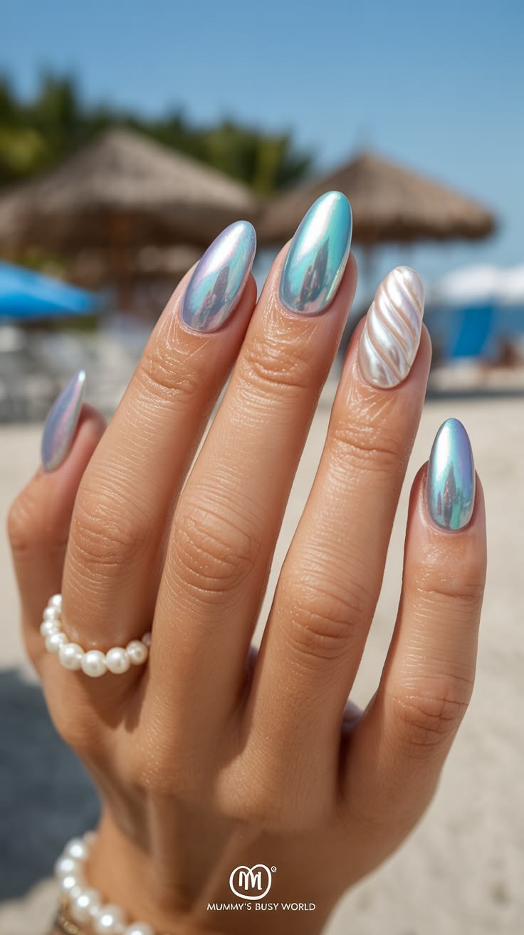 Professional sea inspired nails in muted tones for work