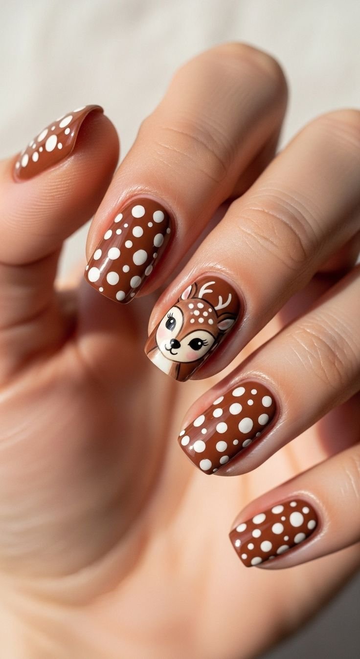Earth tone color blocked manicure with deer naihs motifs and deep forest hues