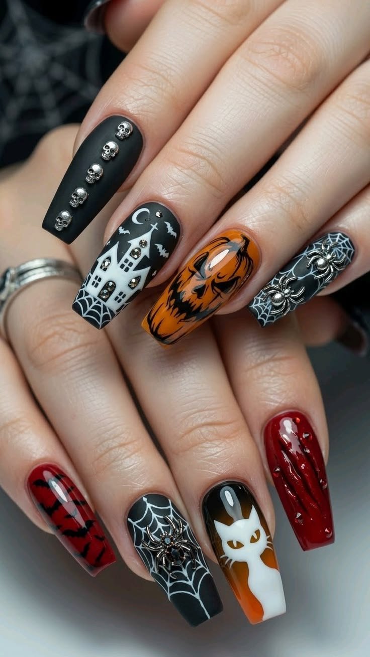Creepy carnival stripe Halloween nail designs