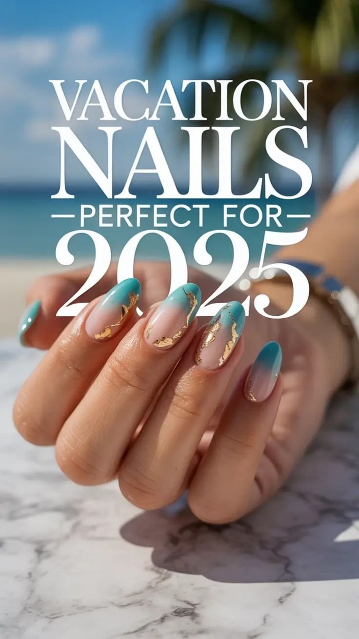 Sea inspired nails with small 3D shell charms attached
