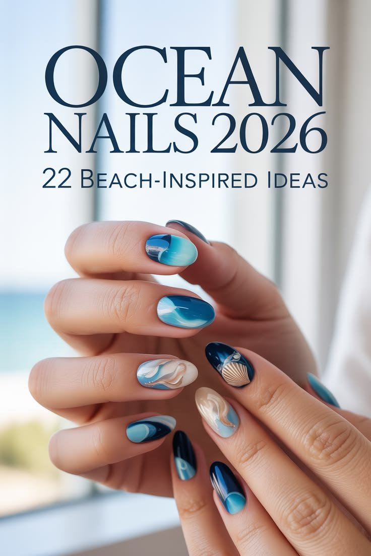 Dark sea inspired nails featuring deep navy and charcoal tones