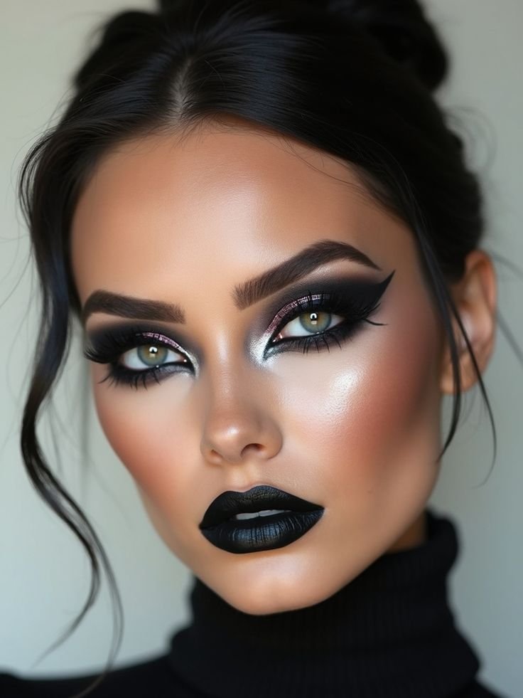 Megan Fox with dark hair, striking eye makeup, and a bold lip, showcasing her vampire beauty aesthetic