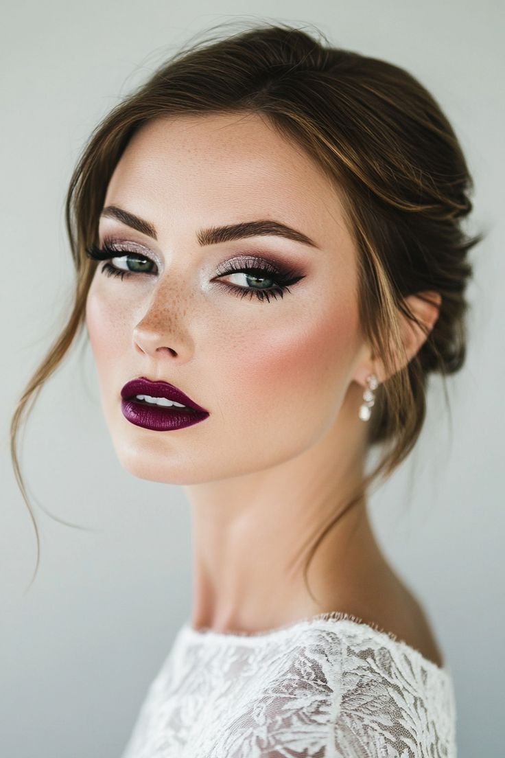 Blonde woman with dark romantic makeup, showing a striking contrast