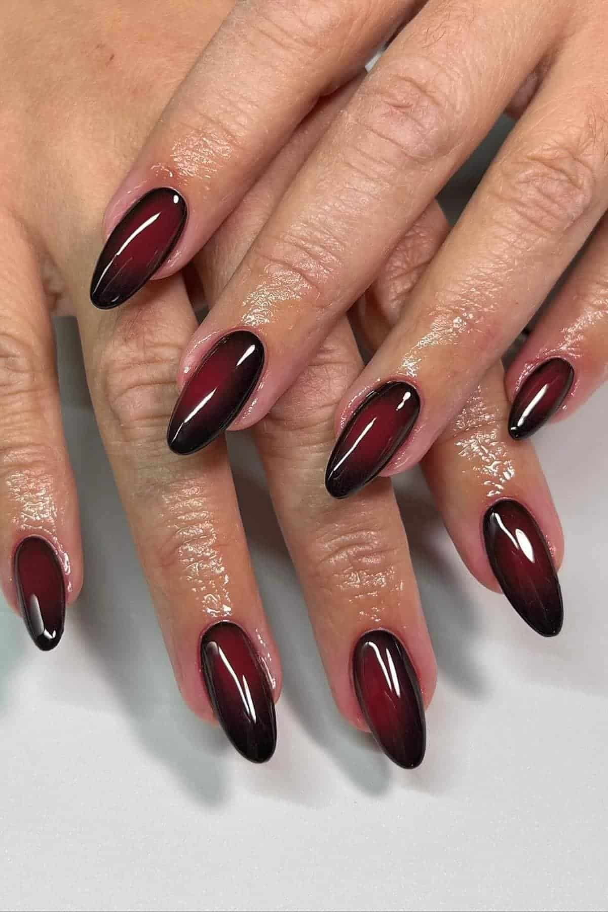 Hands with almond-shaped nails featuring a glossy burgundy to black ombre design. The fingers and nails appear moisturized, and the background is plain white.