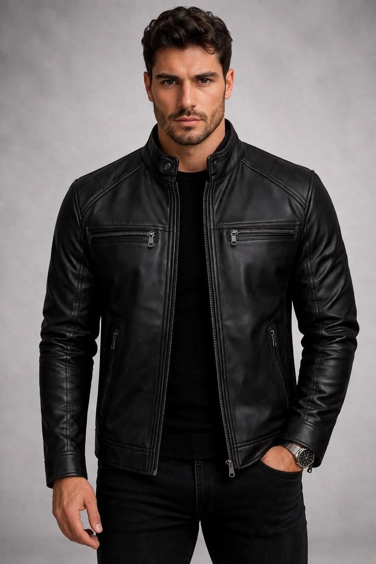 Person wearing a sleek black high collar jacket with minimalist design