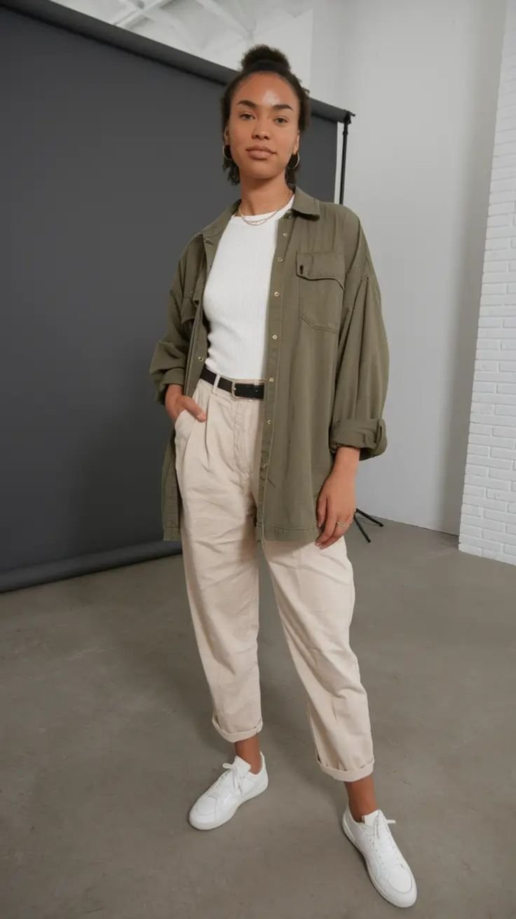 Street style outfit featuring an oversized utility shirt, cycling shorts, and chunky sneakers.