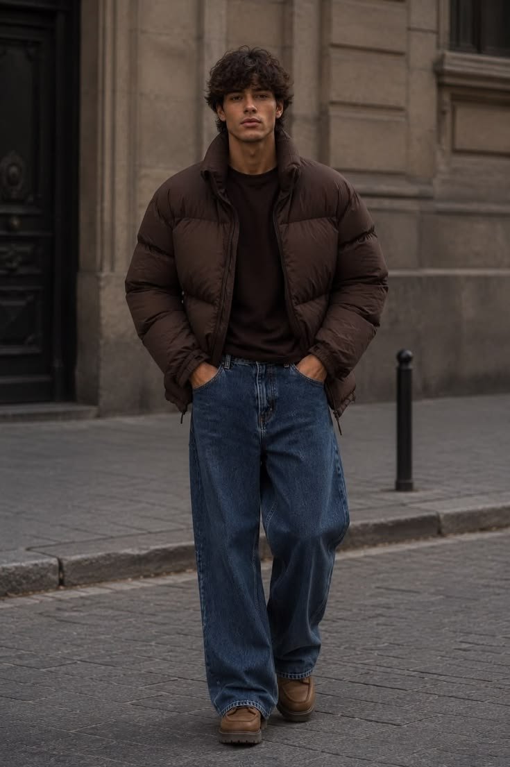Woman wearing a warm brown oversized sweater and dark brown trousers for a comfortable winter look.