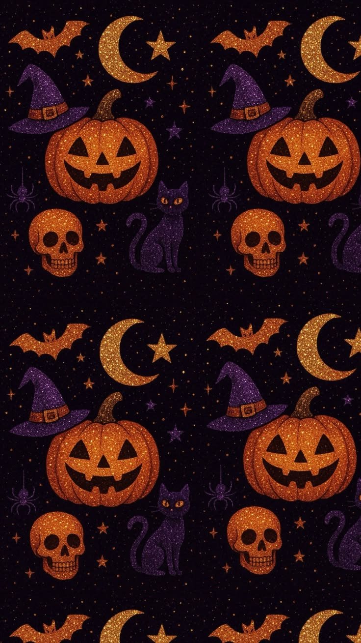 Halloween wallpaper with window silhouettes and candlelit interior shadows