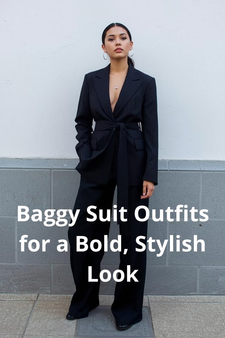 Woman in a beige baggy suit outfit with a black crop top and sunglasses