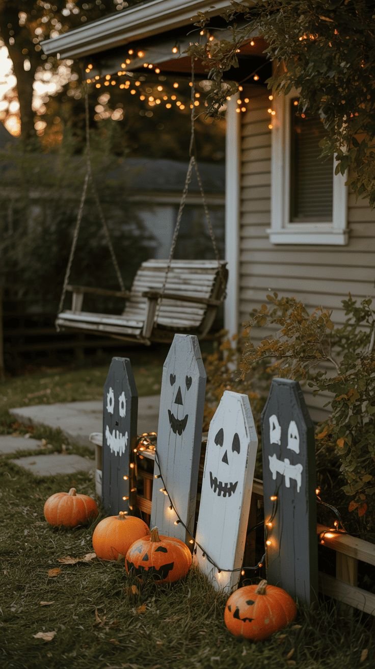 Realistic resin graveyard tombstones arranged as halloween decorations outdoor