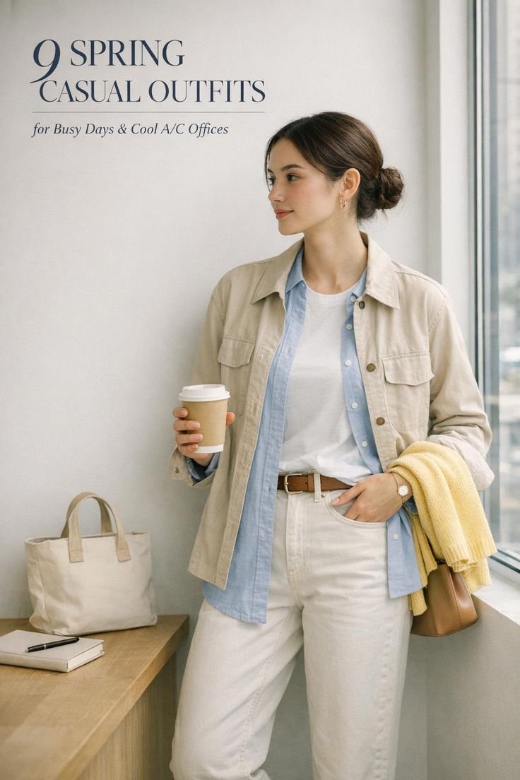 Everyday utility shirt with a neutral shirt, light jeans, and comfortable flats for casual wear.
