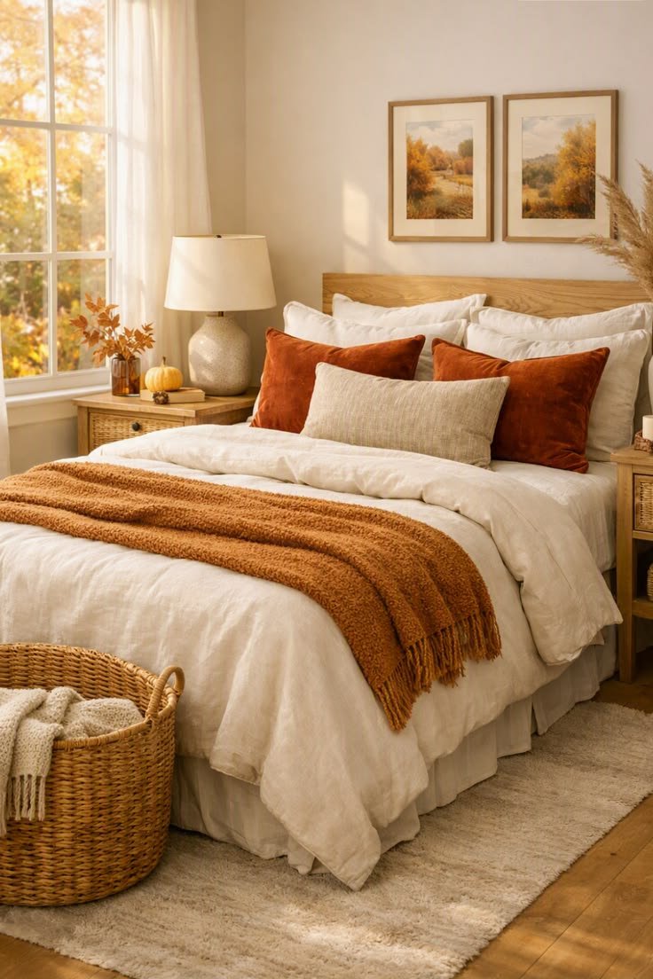 Rustic terracotta and cream fall bedding combo featuring a textured throw and accent pillows
