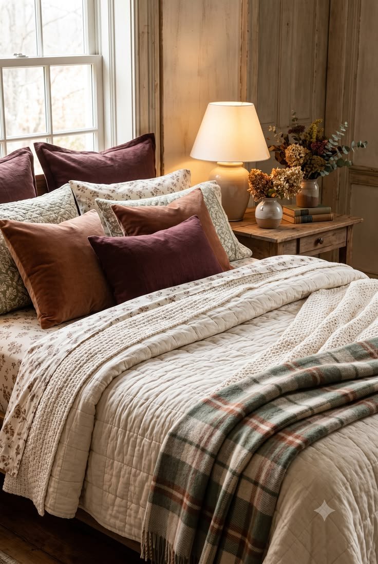 Deep burgundy and blush fall bedding combo for a rich, romantic seasonal look
