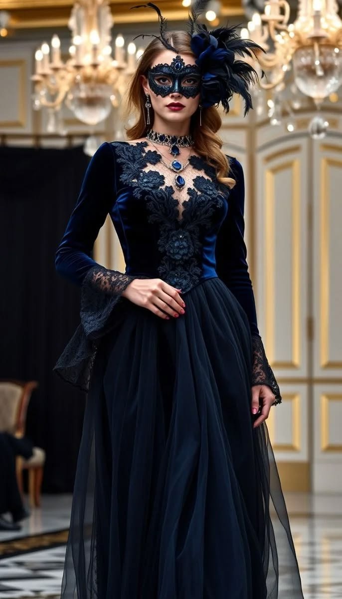 A stunning midnight masquerade dress featuring lace and dark elegant fabric
