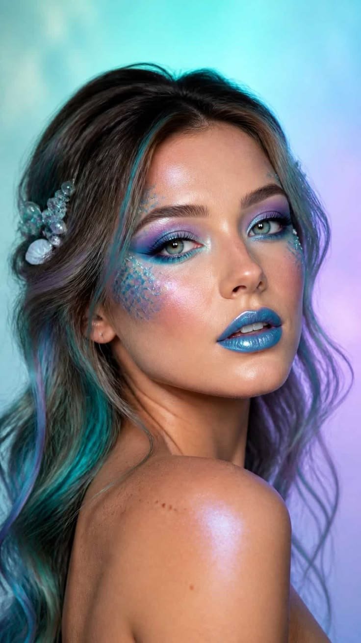 Close up of a woman with glowing skin ready for dark mermaid makeup