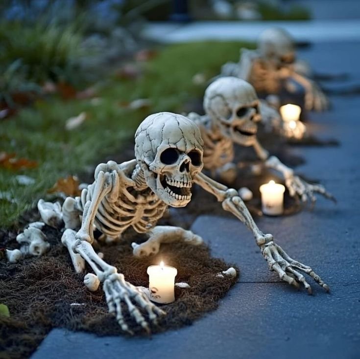 Realistic weathered resin tombstones creating a graveyard scene for halloween yard ideas