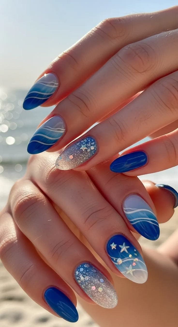 A collage of sea inspired nails videos showing diverse styles