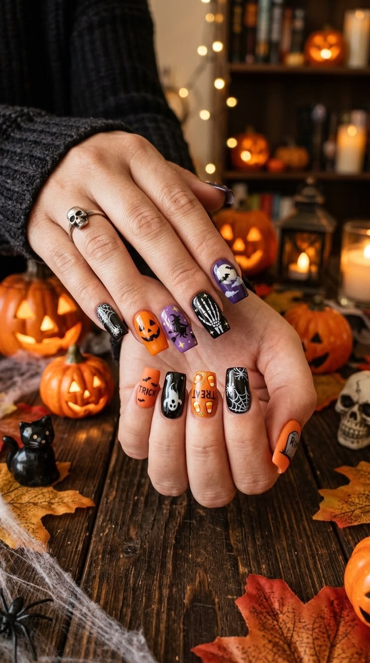 Silver chrome skeleton hand Halloween nail designs