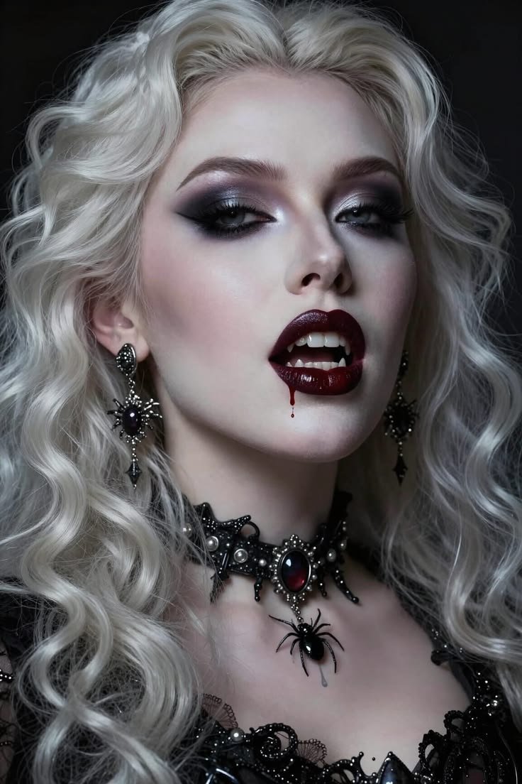 A woman with pale skin and dark hair embodying the classic vampire beauty look with a deep red lip