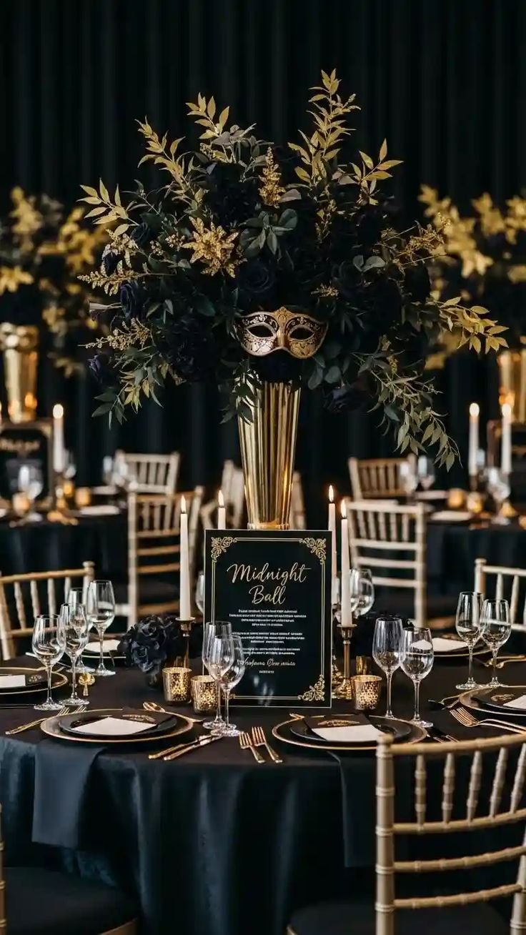 Masqurrade decor gothic style with dark roses and ornate black masks
