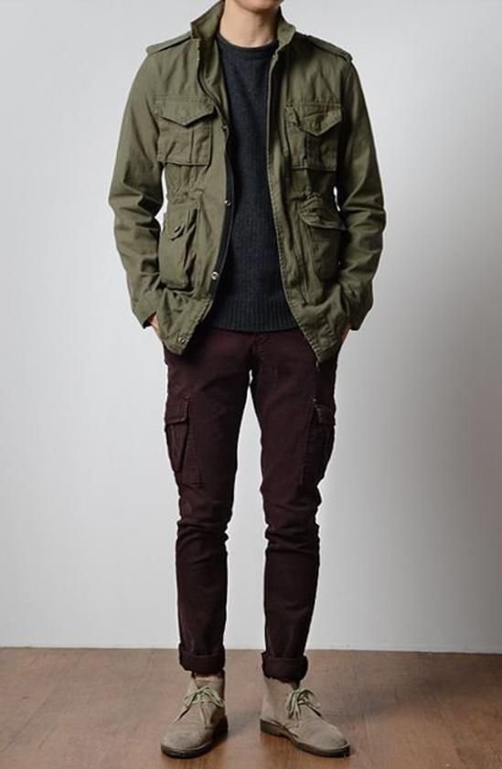 Stylish field jacket outfit for men paired with a striped tee and light trousers, perfect for spring.