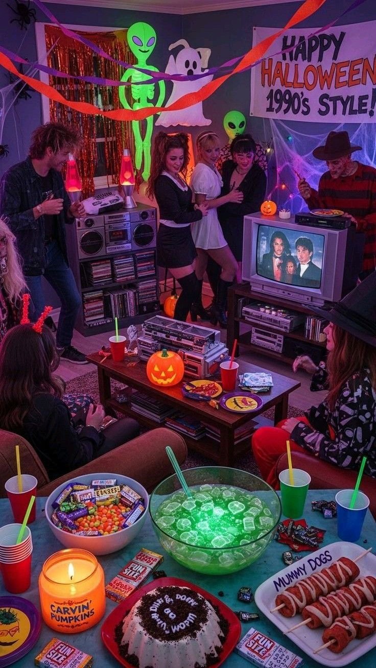 Halloween party skeleton theme with posed skeletons and bone decor