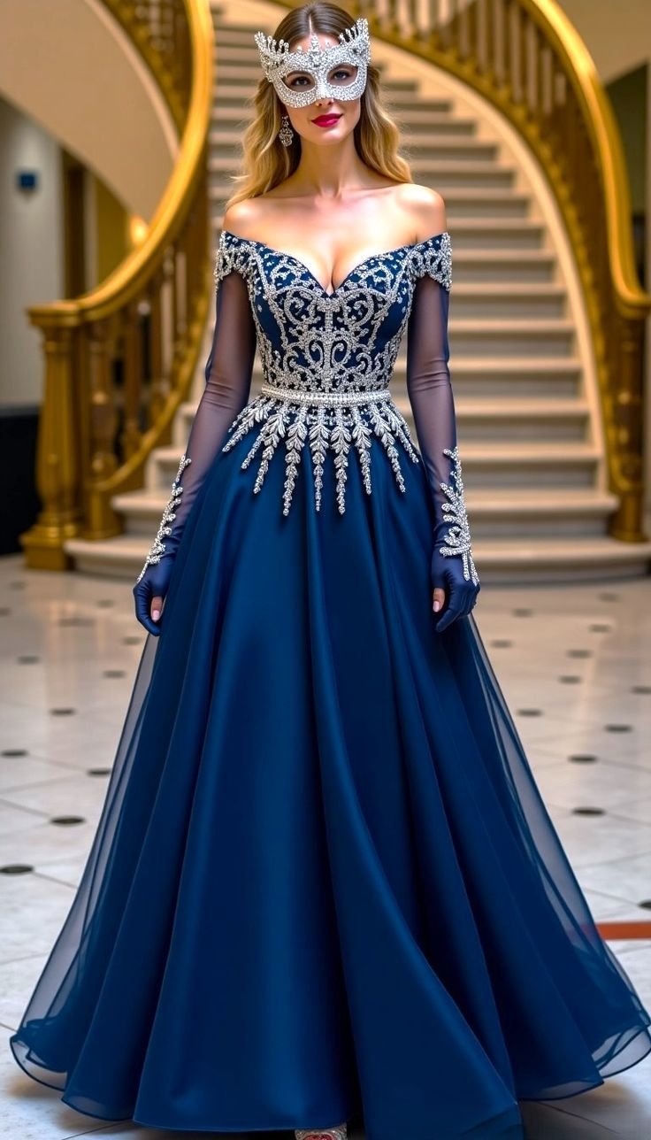 An elegant midnight masquerade outfit featuring intricate embroidery