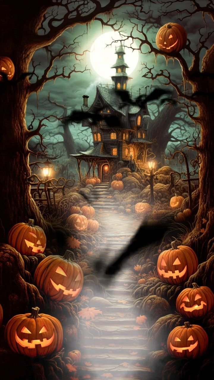 Cozy Halloween wallpaper with hanging lanterns and soft autumn glow