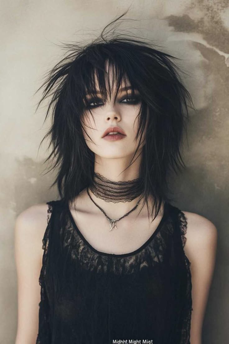 A woman with a dark, layered vampire haircut, featuring curtain bangs and prominent cheekbone layers.