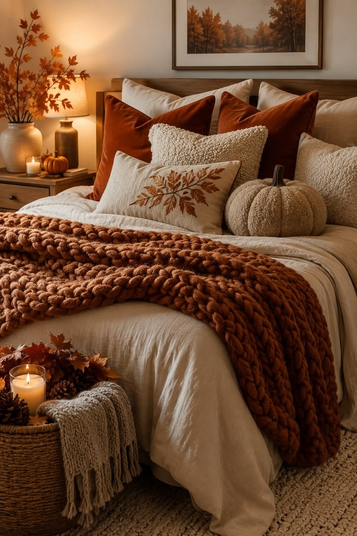 Soft taupe and chocolate brown fall bedding combo featuring a heavy knit blanket