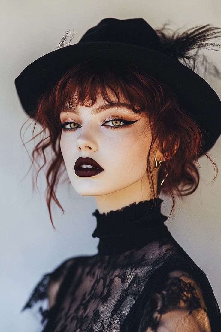 A person with dark, smudged eye makeup and a deep, glossy lip, embodying a modern dark glamour look