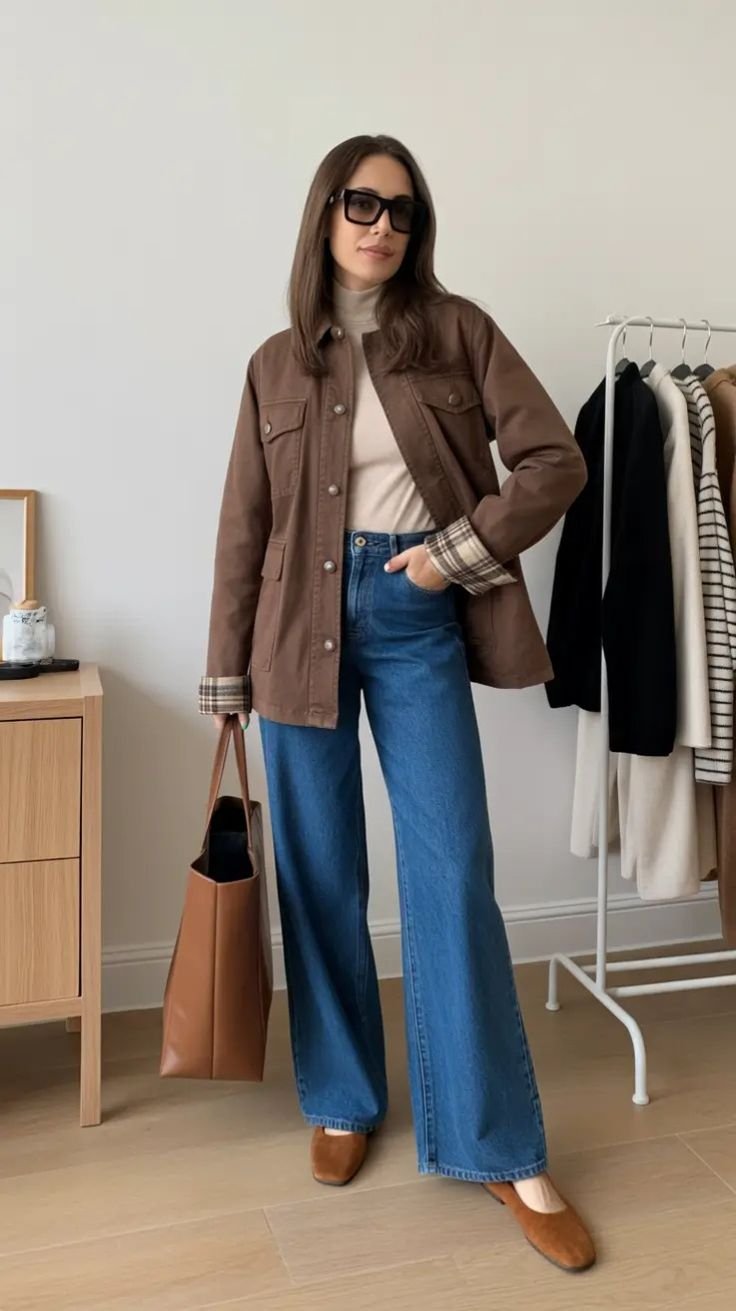 Woman in a professional setting wearing a subtle utility shirt outfit with a blazer and tailored skirt.