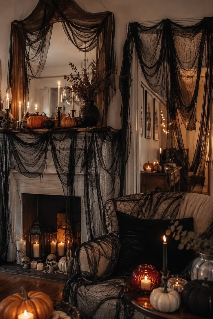 Floating LED candles hanging from the ceiling for a magical halloween party decor aesthetic