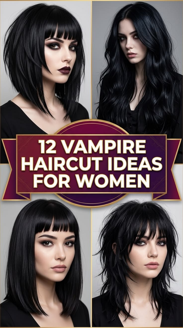 A classic vampire haircut featuring long dark layers and face-framing pieces for dramatic effect.
