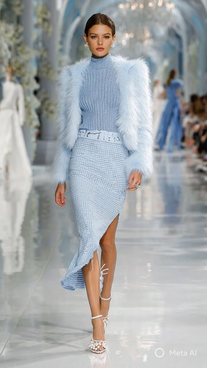 A woman in a light blue oversized blazer and matching trousers walking on a street, showcasing a chic monochromatic icy blue outfit.
