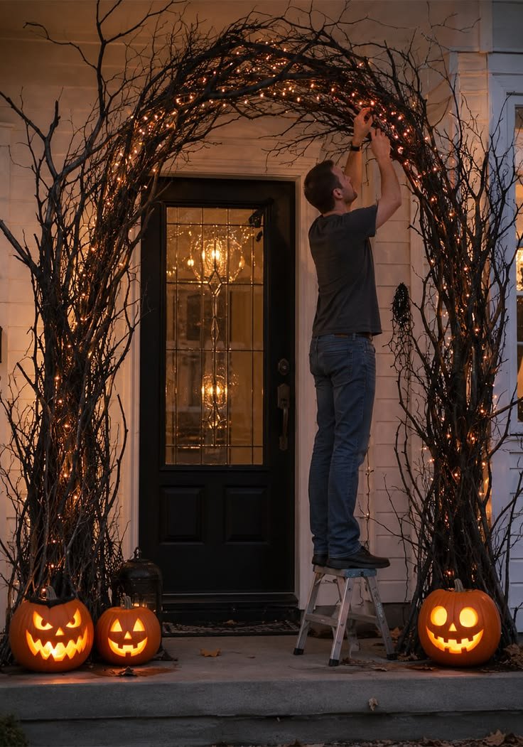 Illuminated faux pumpkin display arranged on front porch steps for halloween decorations outdoor