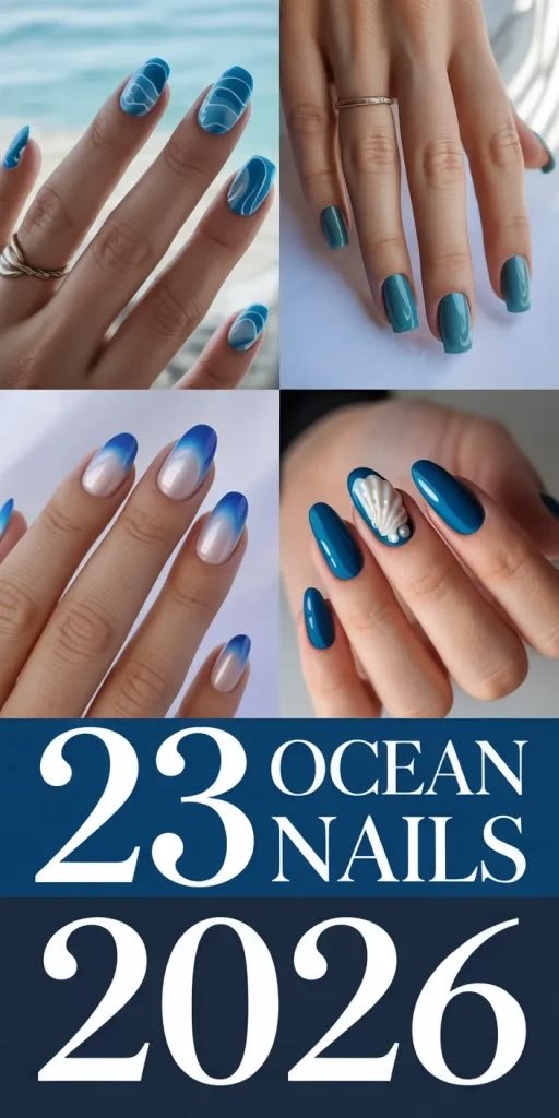 Minimalist sea inspired nails with single blue wave accent lines