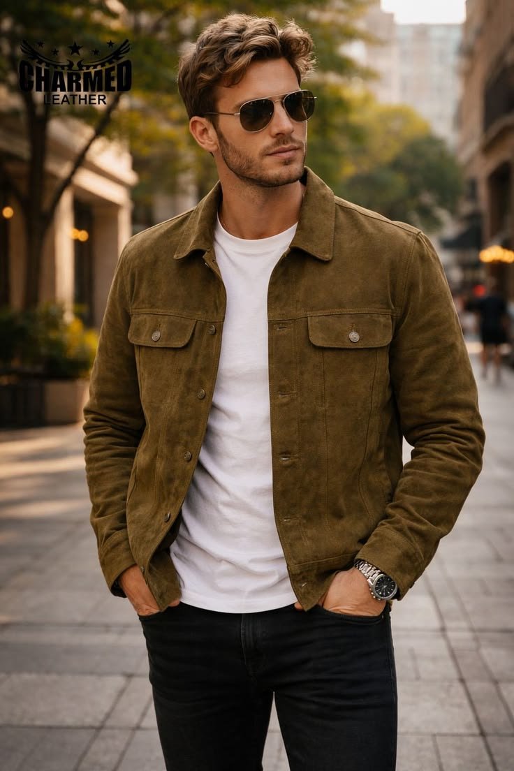 Layered field jacket with a denim shirt and sturdy boots, perfect for a rugged, practical aesthetic.