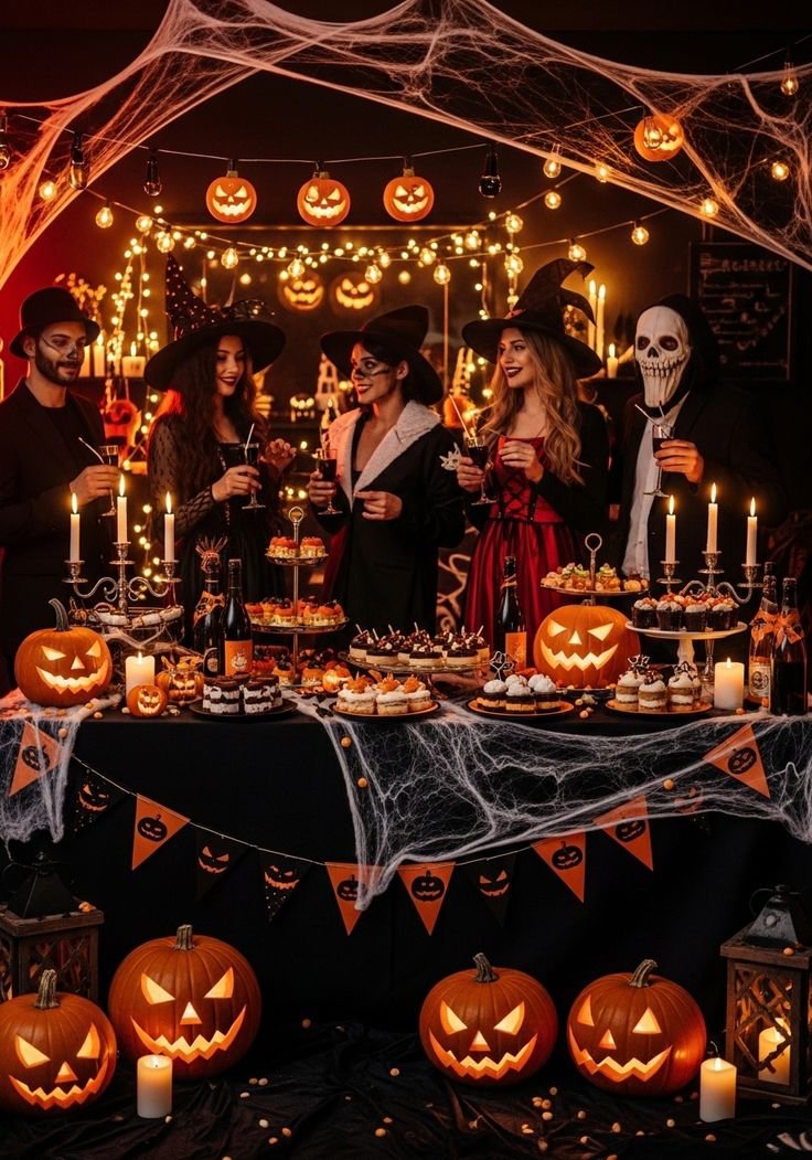 Halloween party outdoor decor with lit pumpkins and fog