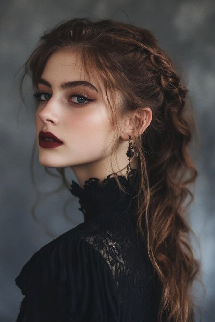 Woman with dark romantic makeup featuring vibrant red elements