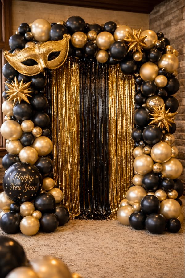 Elegant masqurrade decor setup featuring velvet fabrics and ornate gold masks