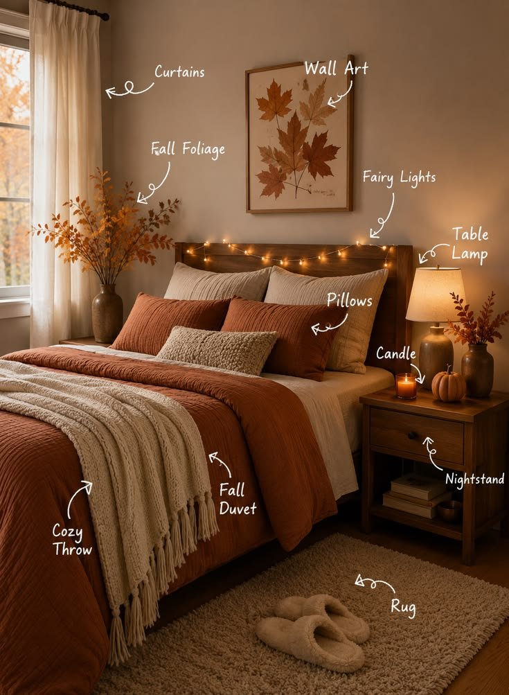 Slate grey and copper fall bedding combo creating an industrial cozy bedroom vibe