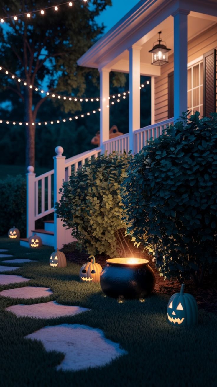 Glowing faux pumpkin display arranged on outdoor steps for enduring halloween yard ideas