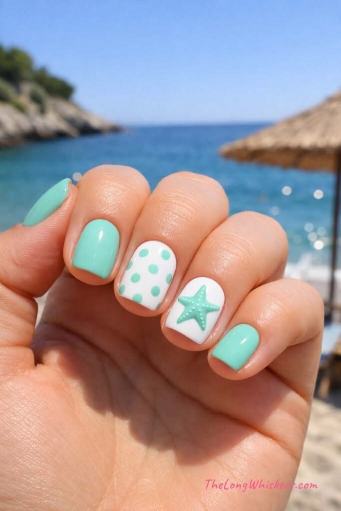 Unique sea inspired nails nail art with gold leaf accents