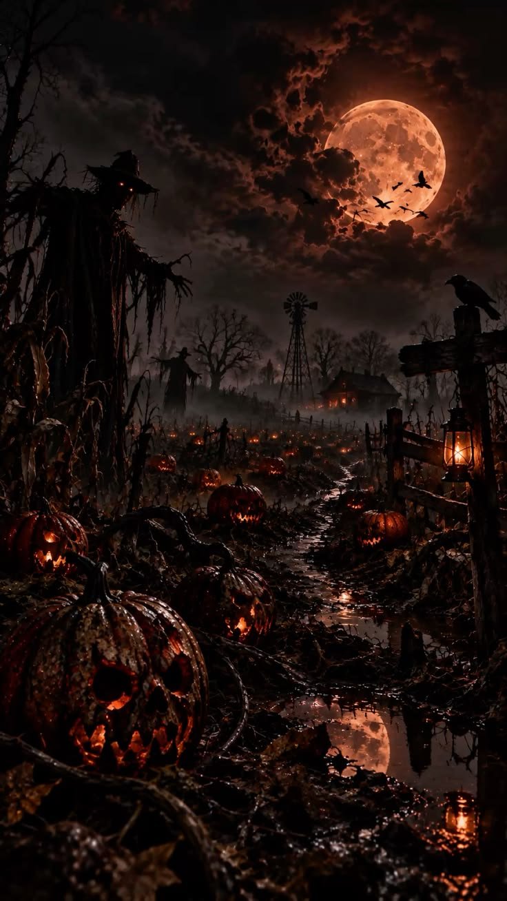 Stacked pumpkin Halloween wallpaper arrangement with warm rustic lighting